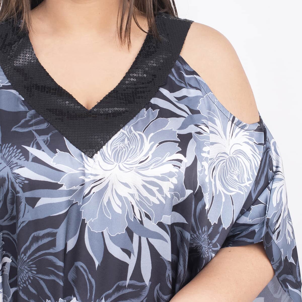 Tamsy Black Flower Print Kaftan - One Size Missy image number 3