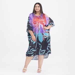 Tamsy Black Flower Digital Printed Kaftan - One Size Missy