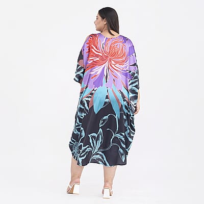 Tamsy Black Flower Digital Printed Kaftan - One Size Missy