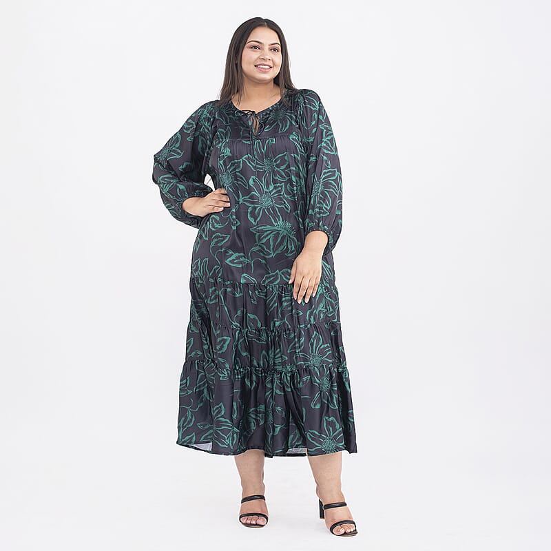 Tamsy Teal Flower Print Kaftan with Sleeves - One Size Missy