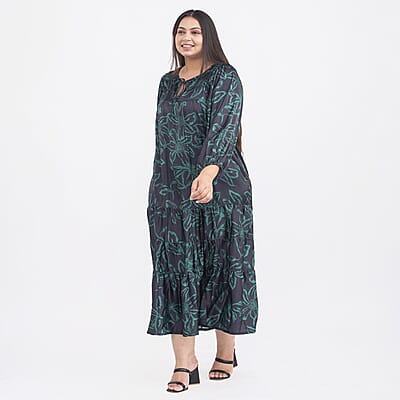 Tamsy Teal Flower Print Kaftan with Sleeves - One Size Missy