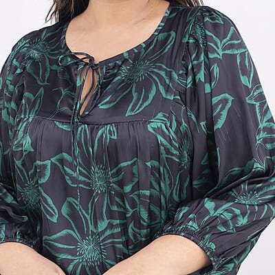 Tamsy Teal Flower Print Kaftan with Sleeves - One Size Missy