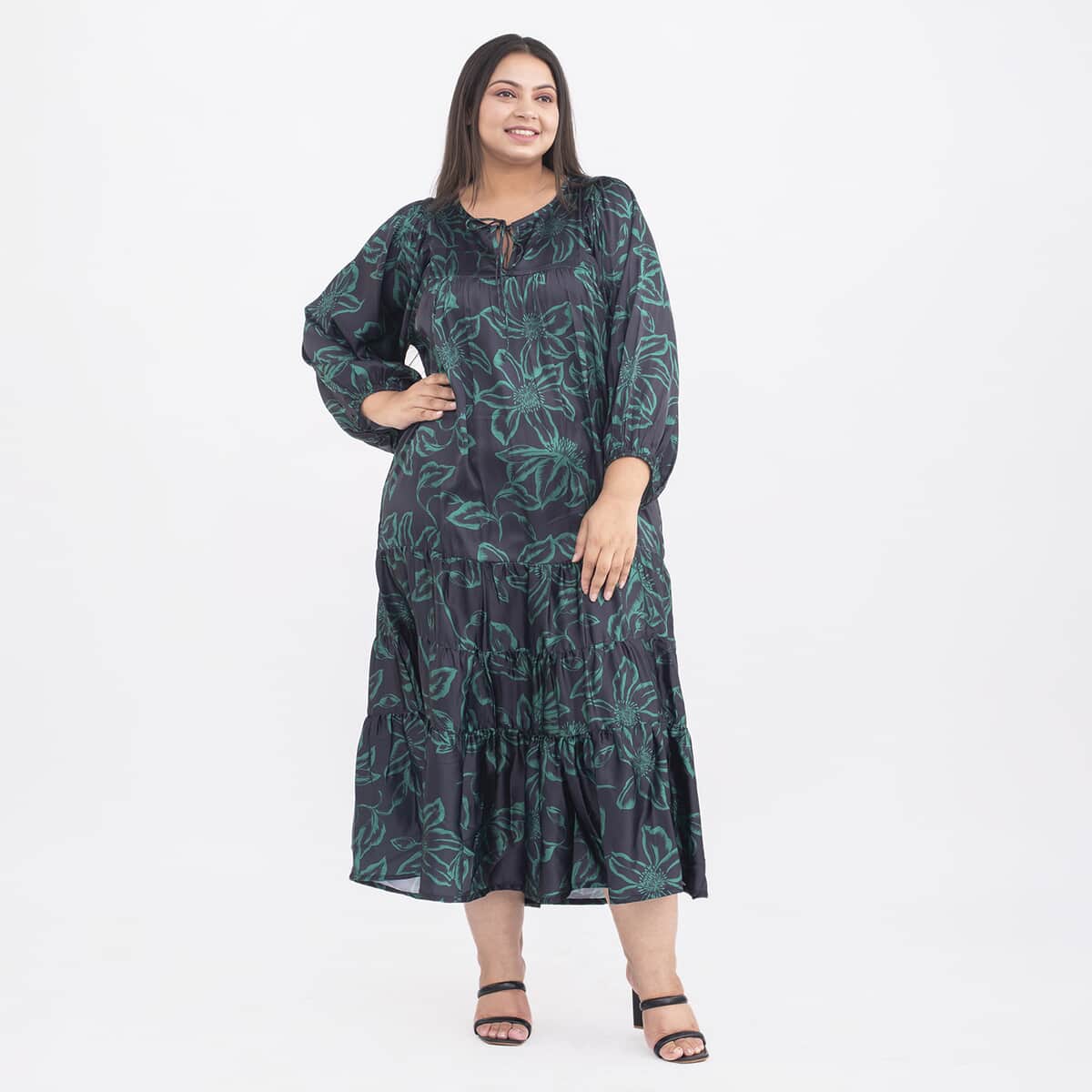 Tamsy Teal Flower Print Kaftan with Sleeves - One Size Plus image number 0