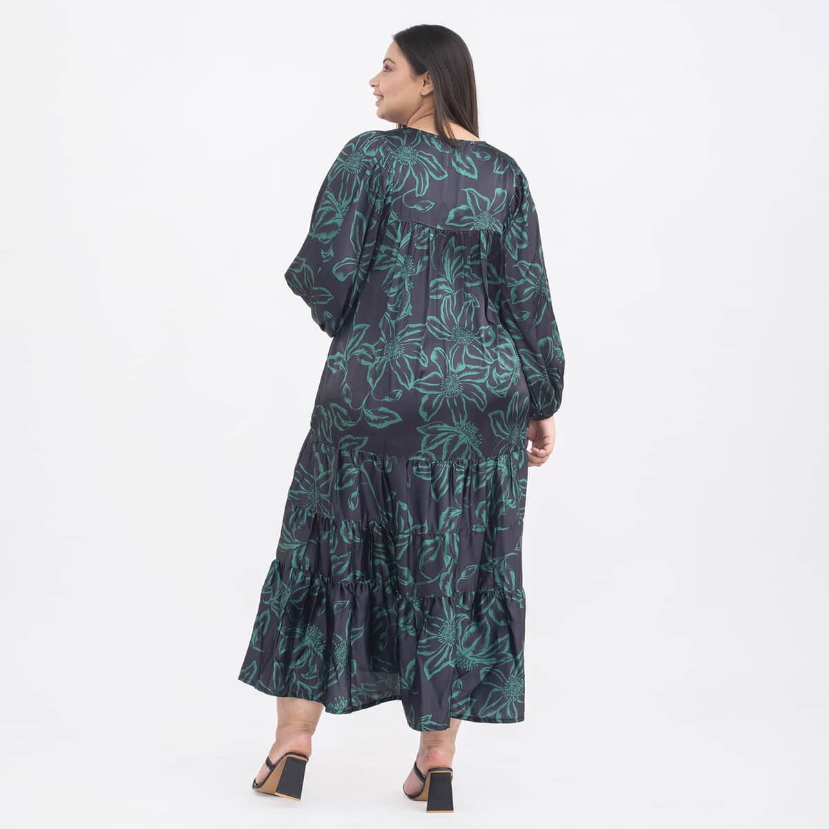 Tamsy Teal Flower Print Kaftan with Sleeves - One Size Plus image number 1