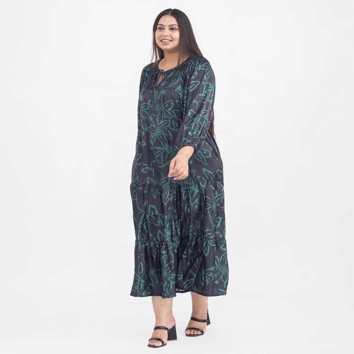 Tamsy Teal Flower Print Kaftan with Sleeves - One Size Plus image number 2