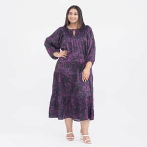 Tamsy Fuchsia Flower Print Kaftan with Sleeves - One Size Missy