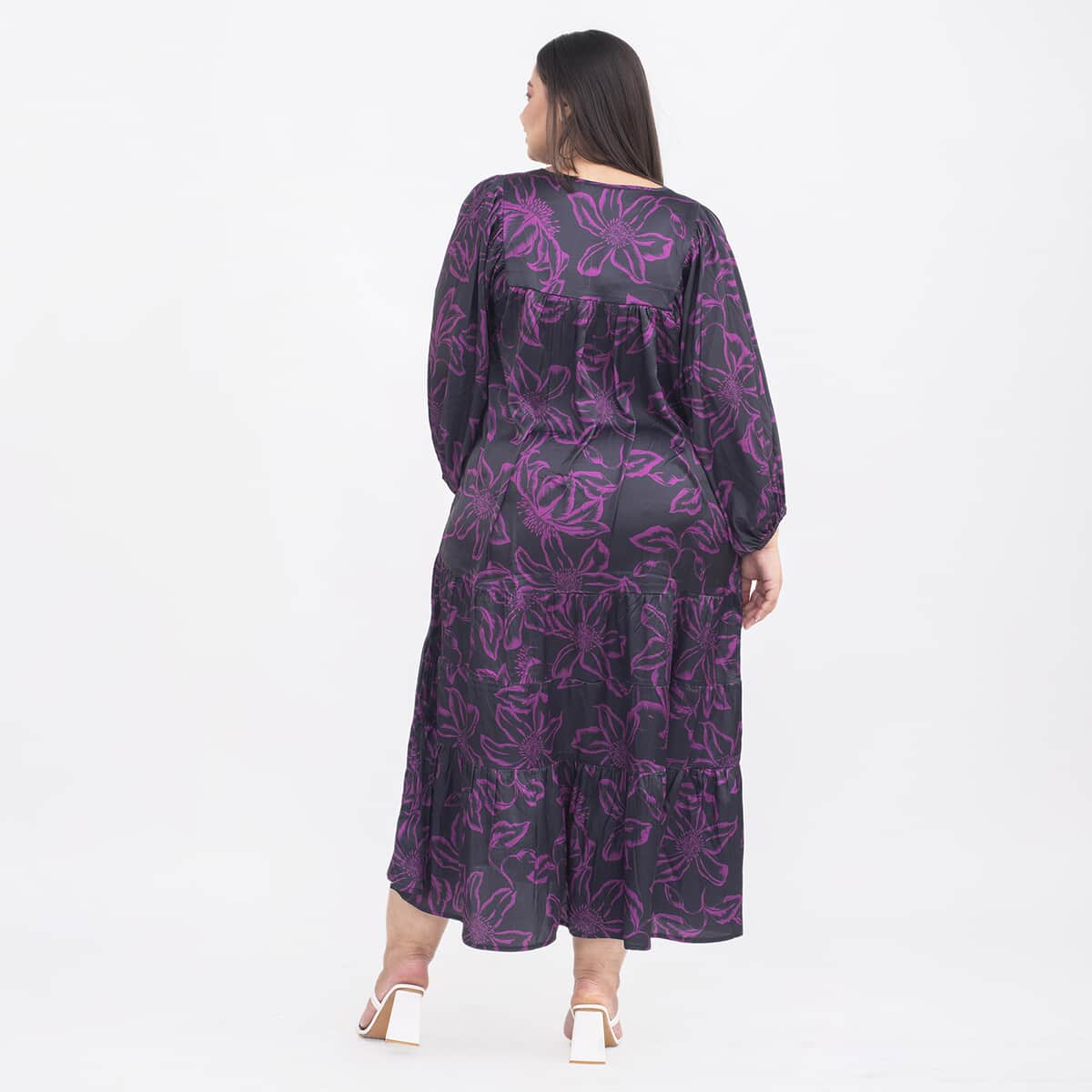 Tamsy Fuchsia Flower Print Kaftan with Sleeves - One Size Missy image number 1