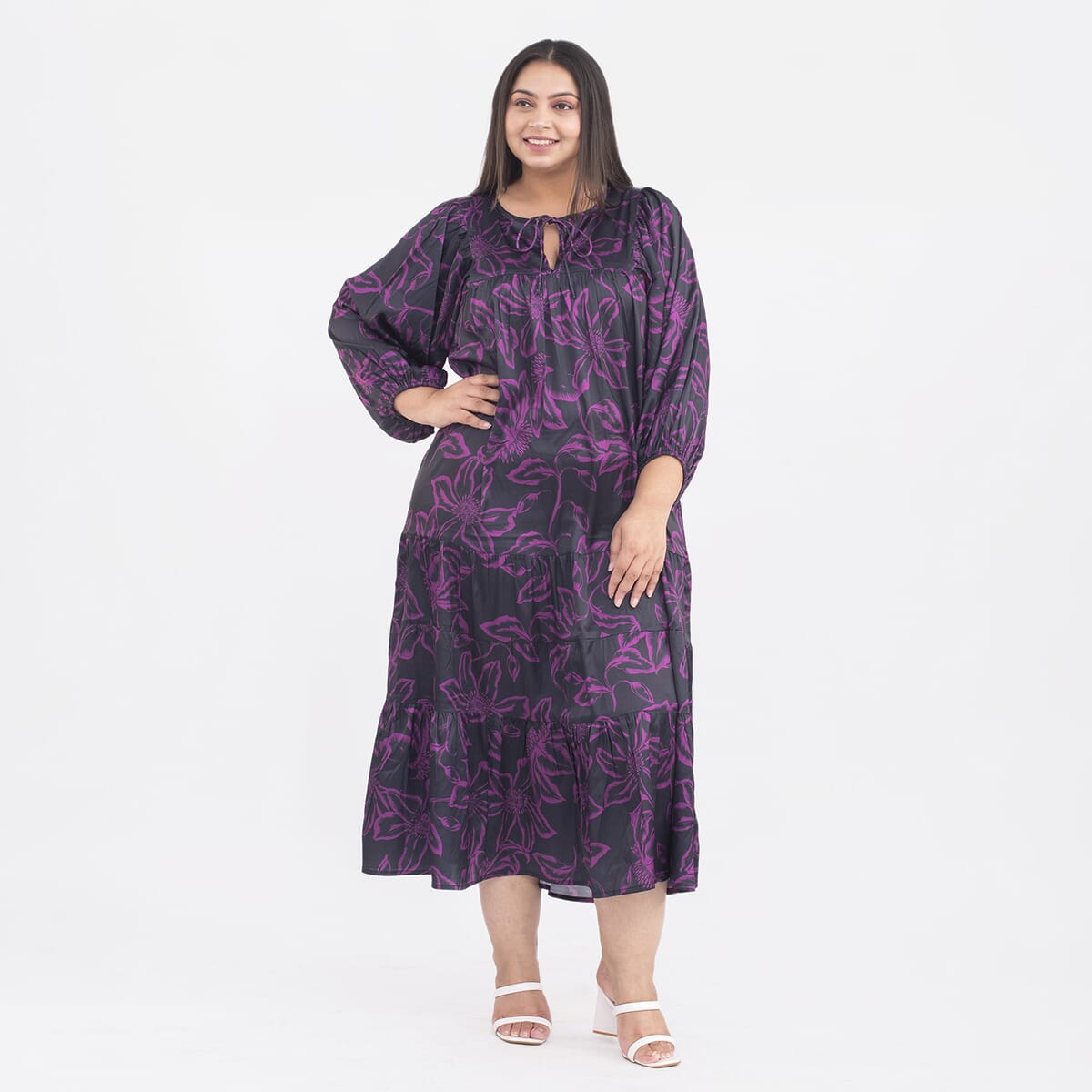 Tamsy Fuchsia Flower Print Kaftan with Sleeves - One Size Plus image number 0