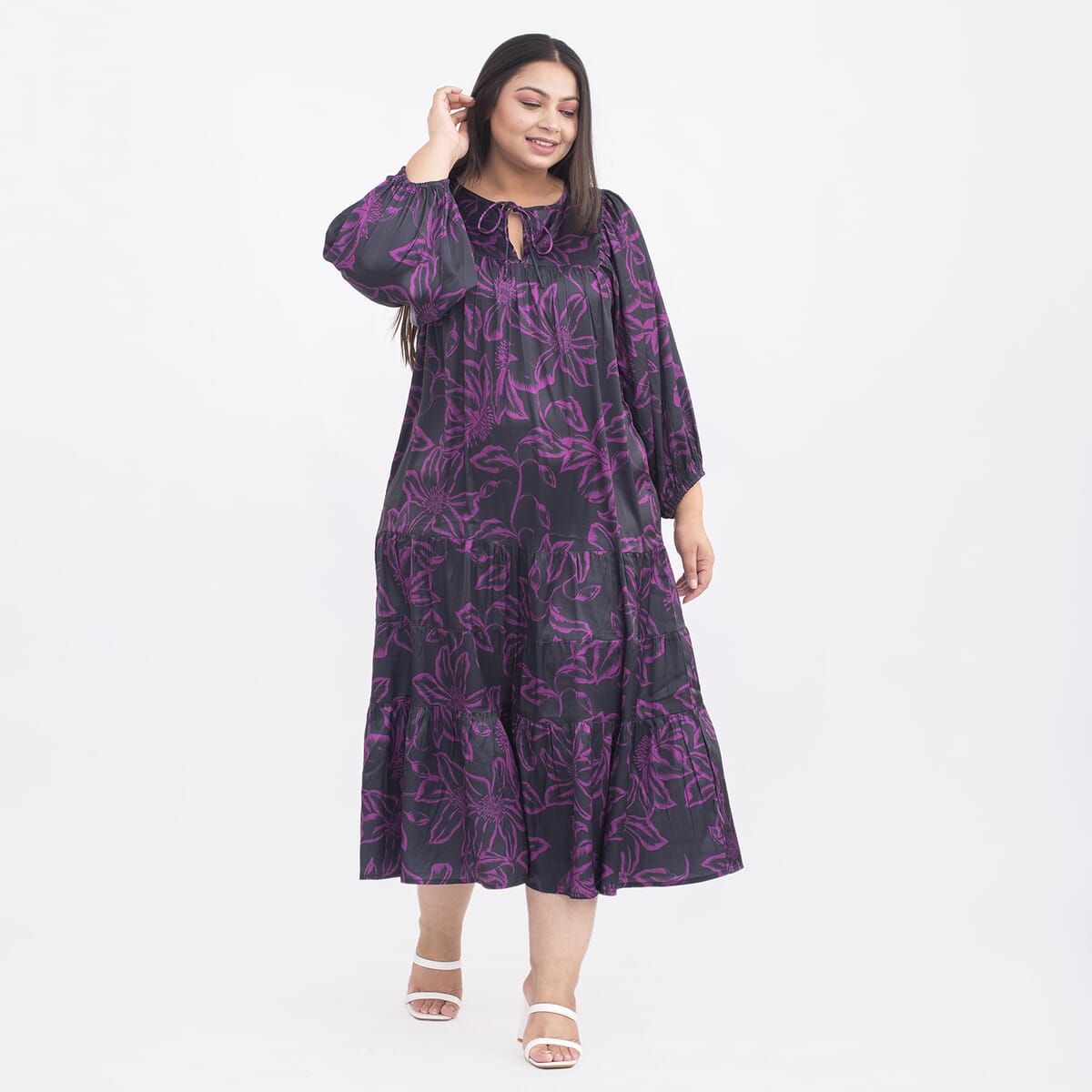 Tamsy Fuchsia Flower Print Kaftan with Sleeves - One Size Plus image number 2
