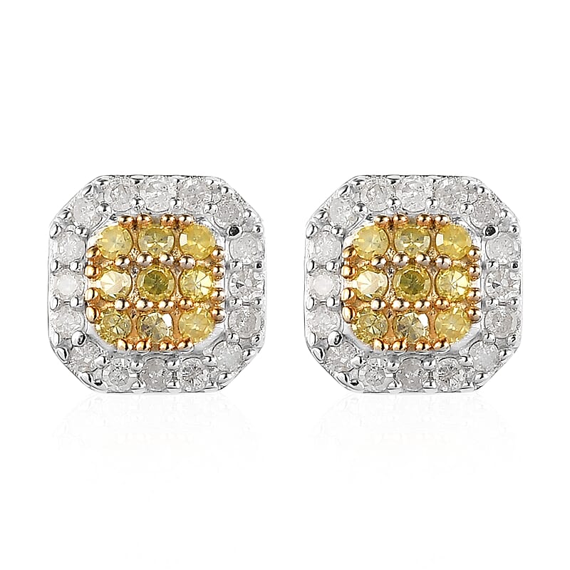Natural Yellow and White Diamond I3 Stud Earrings in Platinum Over Sterling Silver 0.50 ctw