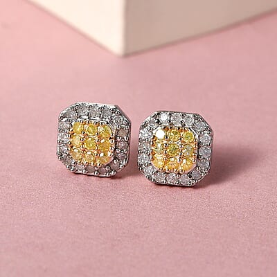 Natural Yellow and White Diamond I3 Stud Earrings in Platinum Over Sterling Silver 0.50 ctw