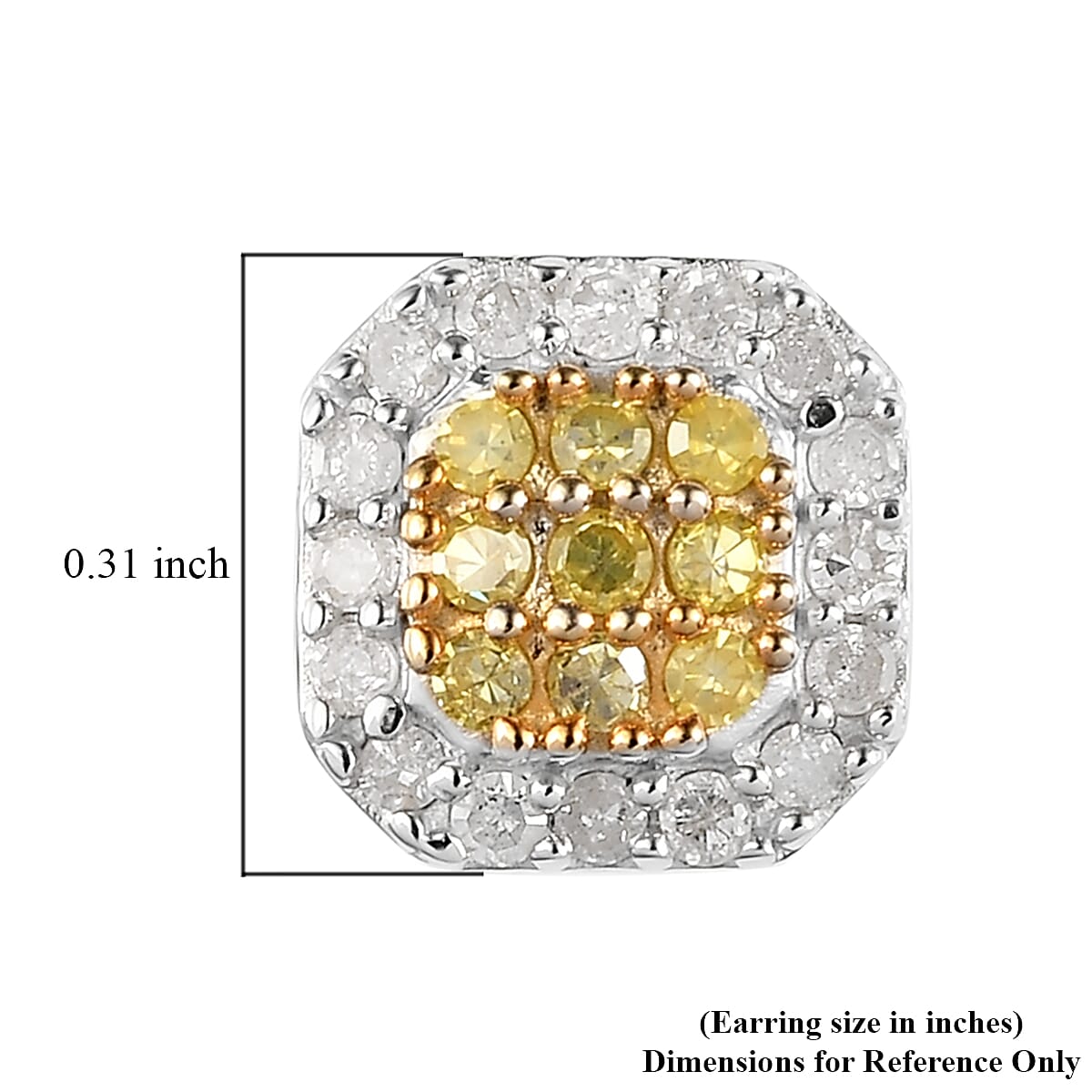 Natural Yellow and White Diamond I3 Stud Earrings in Platinum Over Sterling Silver 0.50 ctw