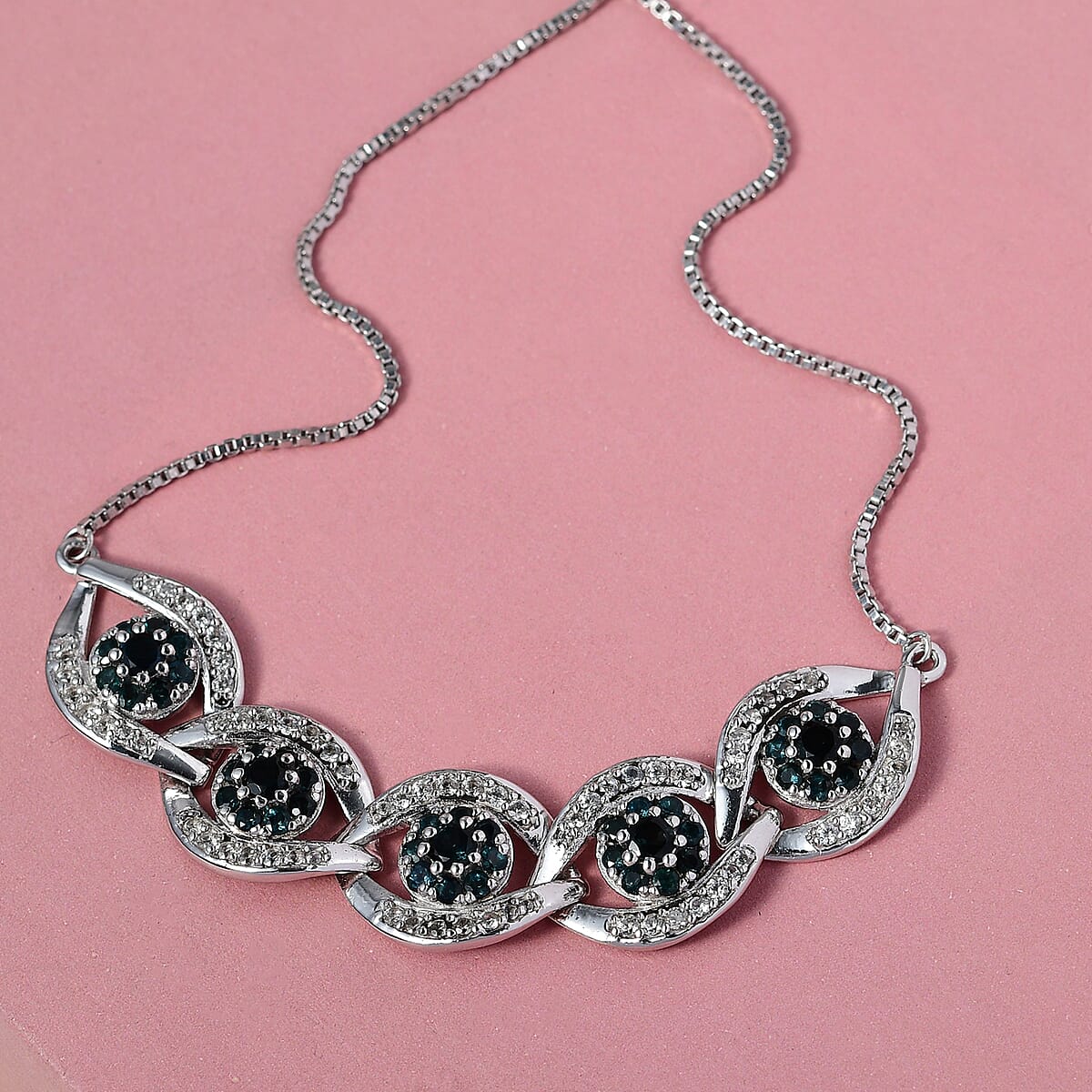 Premium Monte Belo Indicolite and White Zircon Evil Eye Protector Bolo Bracelet in Platinum Over Sterling Silver 3.00 ctw image number 1