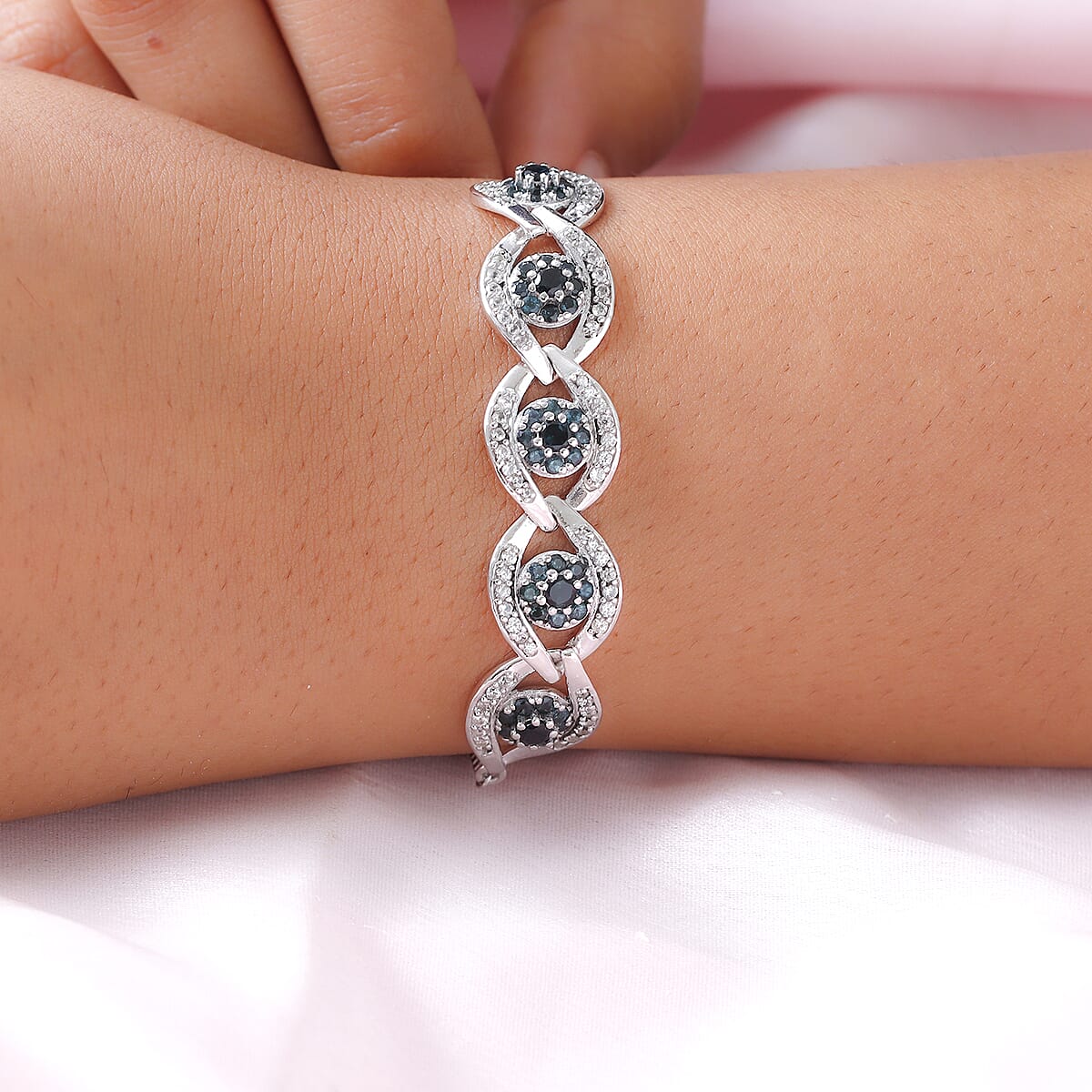 Premium Monte Belo Indicolite and White Zircon Evil Eye Protector Bolo Bracelet in Platinum Over Sterling Silver 3.00 ctw image number 2