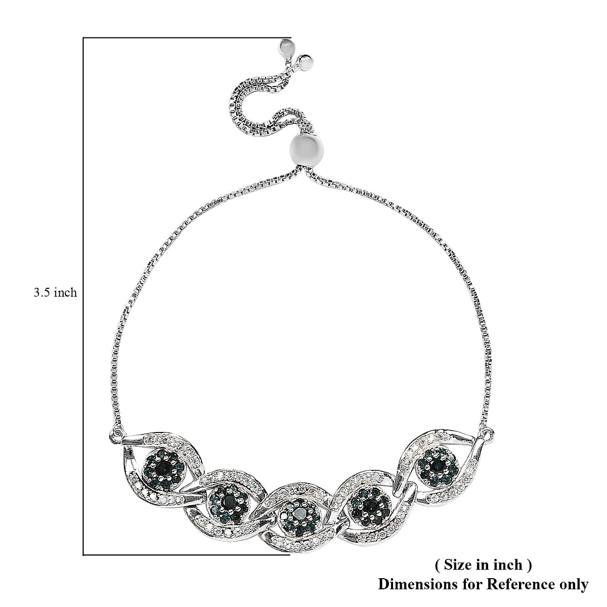 Premium Monte Belo Indicolite and White Zircon Evil Eye Protector Bolo Bracelet in Platinum Over Sterling Silver 3.00 ctw image number 4