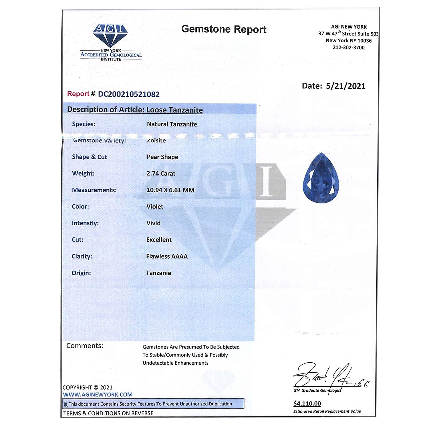 Certified and Appraised AAAA Vivid Tanzanite (Ovl Free Size) (Free Tanzanite Book) Approx 11.00 ctw