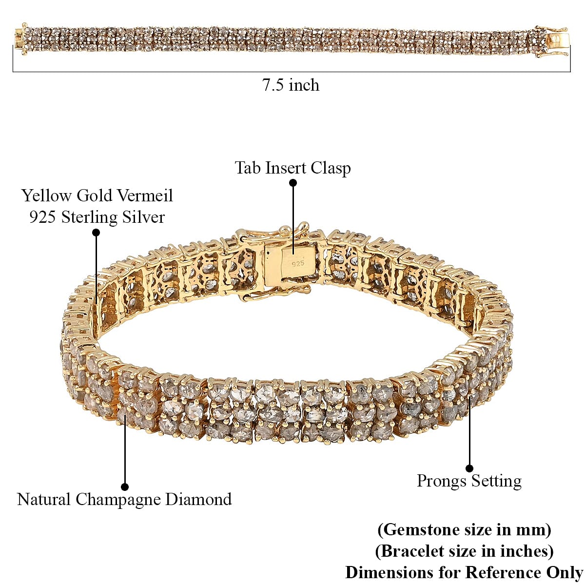 Natural Champagne Diamond Bracelet in Vermeil YG Over Sterling Silver (7.50 In) 13.00 ctw