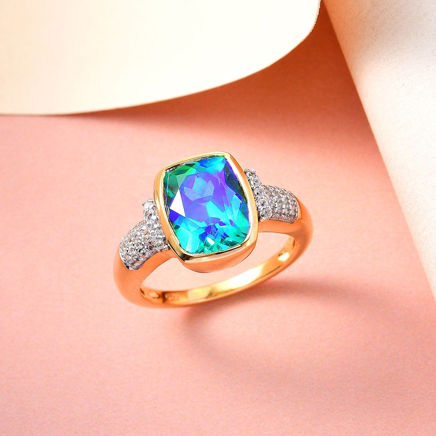 Peacock Quartz and White Zircon 5.85 ctw Ring in 14K YG Over Sterling Silver (Size 11.5)