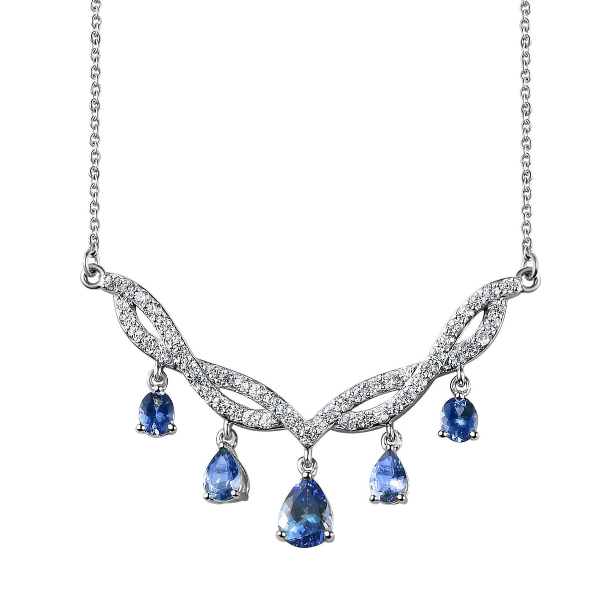 Peacock Tanzanite and Natural White Zircon Fancy Necklace 18 Inches in Platinum Over Sterling Silver 4.40 ctw image number 0