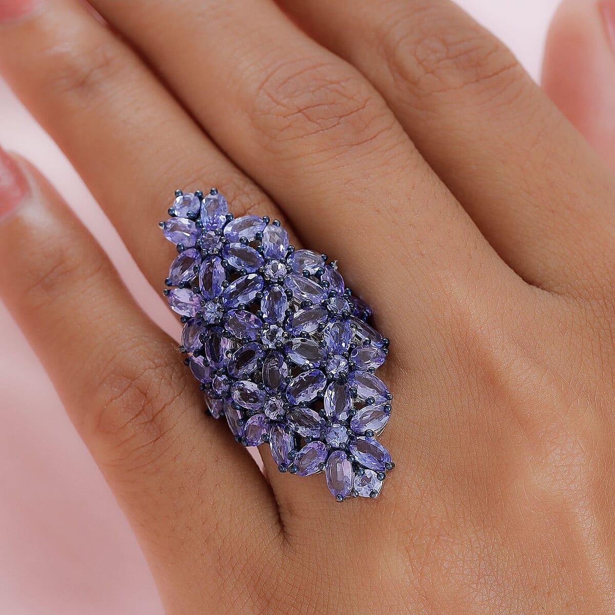 Tanzanite Floral Ring in Rhodium and Platinum Over Sterling Silver (Size 8.0) 9.00 ctw image number 2