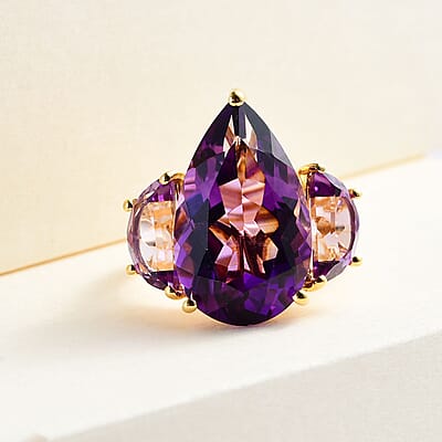 Amethyst 3 Stone Ring in Vermeil Yellow Gold Over Sterling Silver (Size 10.0) 12.85 ctw