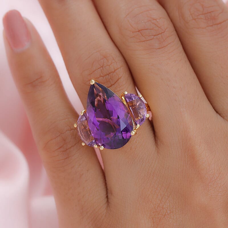 Amethyst 3 Stone Ring in Vermeil Yellow Gold Over Sterling Silver (Size 10.0) 12.85 ctw