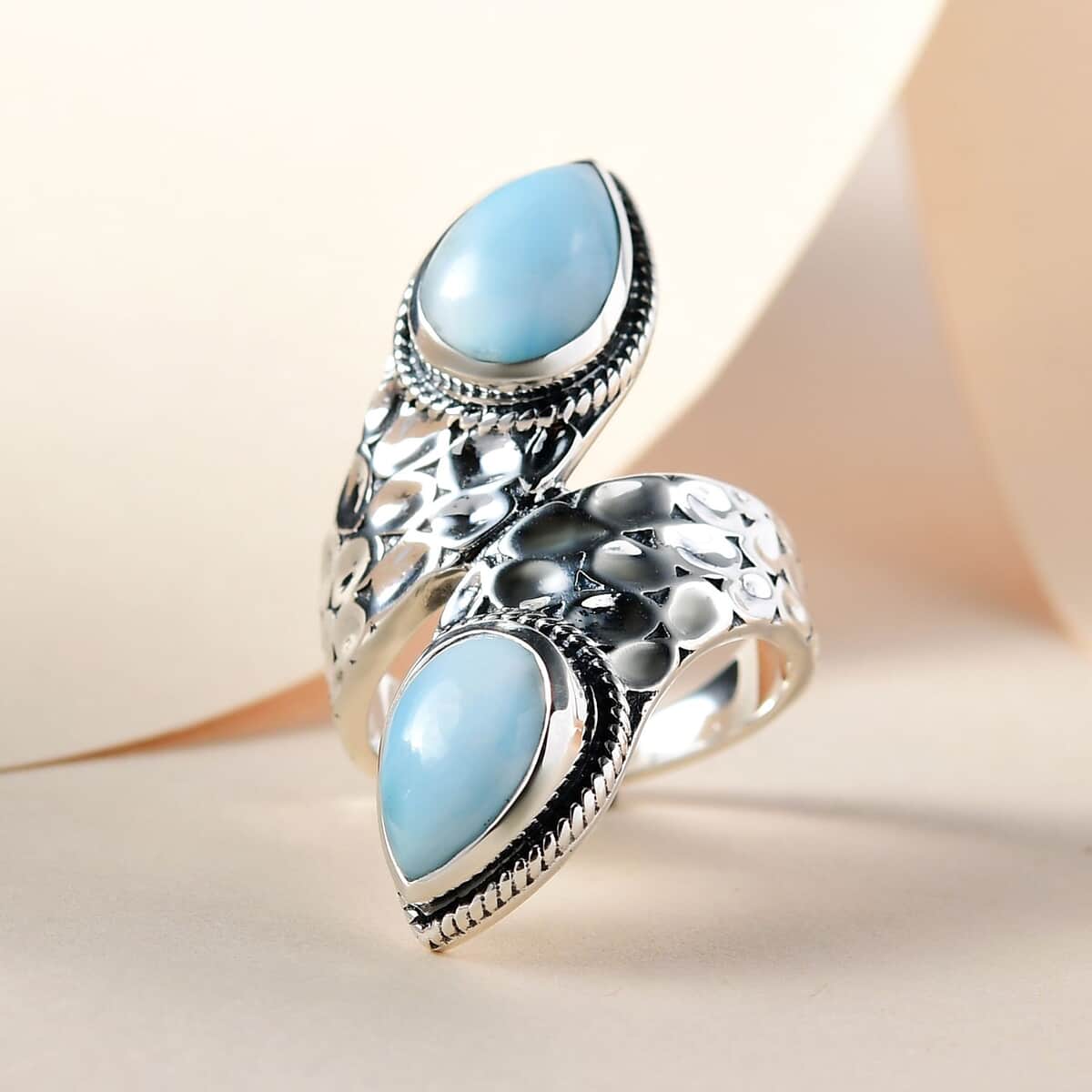 Artisan Crafted Larimar Engraved Bypass Ring in Sterling Silver (Size 5.0) 8 Grams 4.40 ctw image number 1