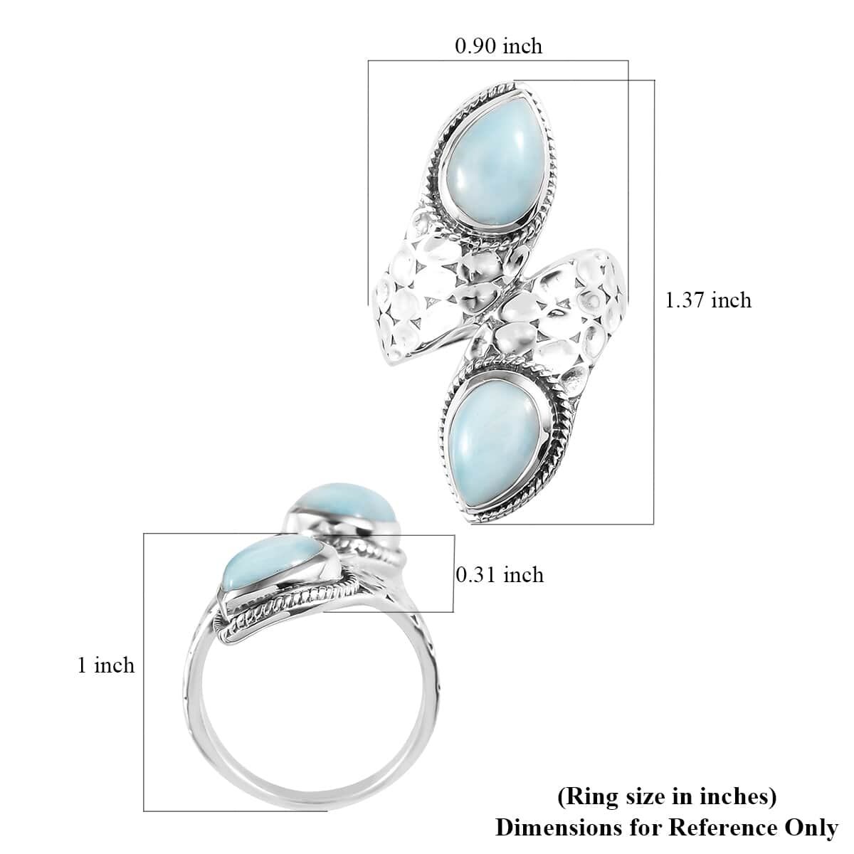Artisan Crafted Larimar Engraved Bypass Ring in Sterling Silver (Size 5.0) 8 Grams 4.40 ctw image number 5