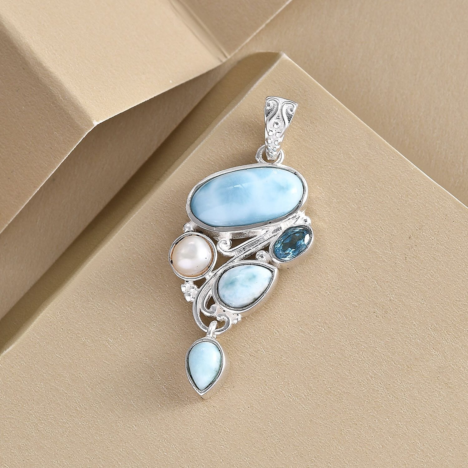 Artisan Crafted Larimar and Multi Gemstone Fancy Pendant without Chain in Sterling Silver 5.25 ctw