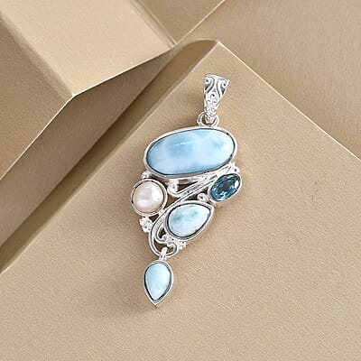 Artisan Crafted Larimar and Multi Gemstone Fancy Pendant without Chain in Sterling Silver 5.25 ctw