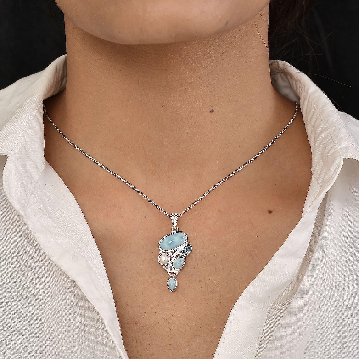 Artisan Crafted Larimar and Multi Gemstone Fancy Pendant without Chain in Sterling Silver 5.25 ctw