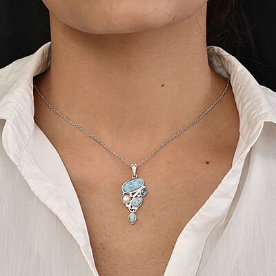 Artisan Crafted Larimar and Multi Gemstone Fancy Pendant without Chain in Sterling Silver 5.25 ctw