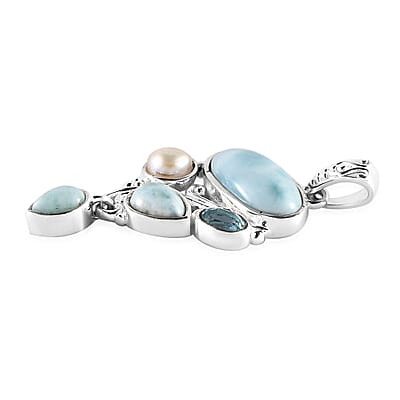 Artisan Crafted Larimar and Multi Gemstone Fancy Pendant without Chain in Sterling Silver 5.25 ctw
