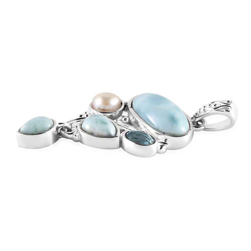 Artisan Crafted Larimar and Multi Gemstone Fancy Pendant without Chain in Sterling Silver 5.25 ctw
