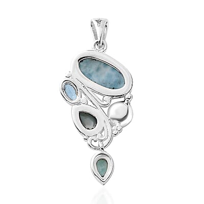 Artisan Crafted Larimar and Multi Gemstone Fancy Pendant without Chain in Sterling Silver 5.25 ctw