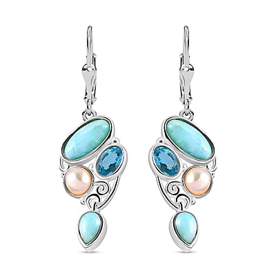 Artisan Crafted Larimar Multi Gemstone Earrings in Sterling Silver, Fancy Dangle Earrings, Larimar Earrings 5.75 ctw