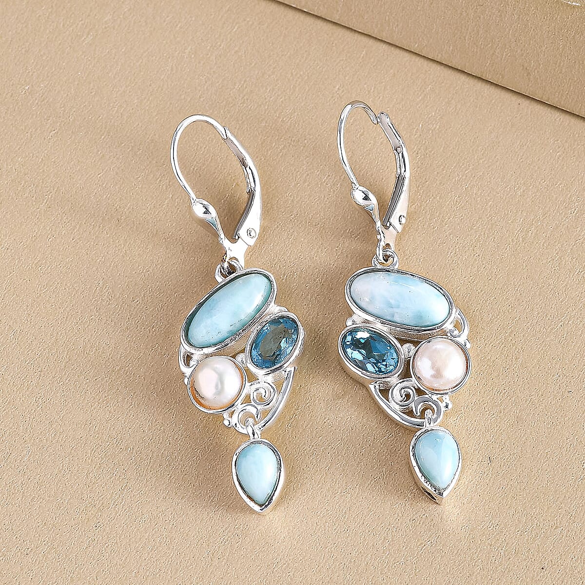 Artisan Crafted Larimar Multi Gemstone Earrings in Sterling Silver, Fancy Dangle Earrings, Larimar Earrings 5.75 ctw image number 1