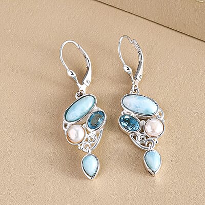 Artisan Crafted Larimar Multi Gemstone Earrings in Sterling Silver, Fancy Dangle Earrings, Larimar Earrings 5.75 ctw