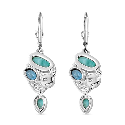 Artisan Crafted Larimar Multi Gemstone Earrings in Sterling Silver, Fancy Dangle Earrings, Larimar Earrings 5.75 ctw