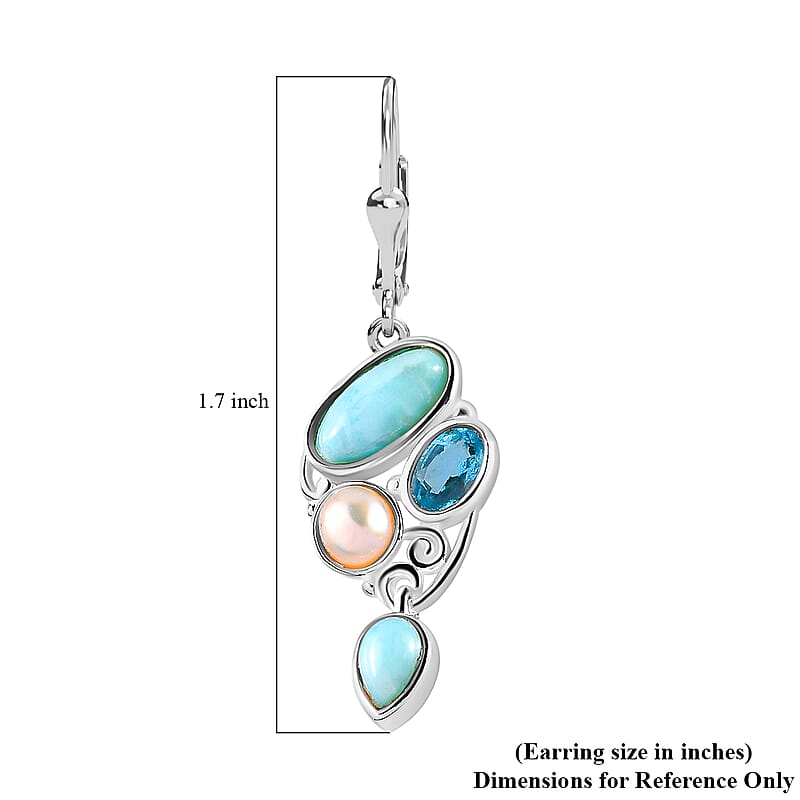 Artisan Crafted Larimar Multi Gemstone Earrings in Sterling Silver, Fancy Dangle Earrings, Larimar Earrings 5.75 ctw
