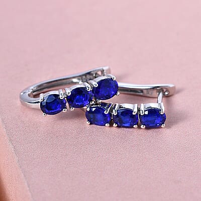 Tanzanian Blue Spinel (DF) 2.30 ctw Huggie Hoop Earrings in Platinum Over Sterling Silver