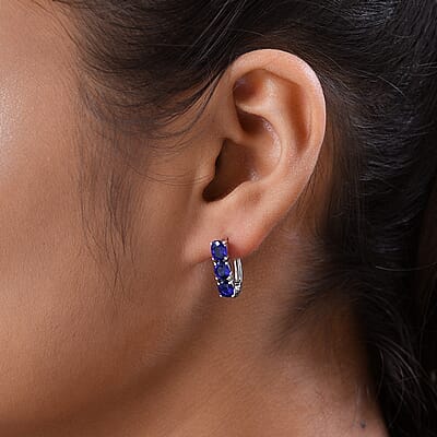 Tanzanian Blue Spinel (DF) 2.30 ctw Huggie Hoop Earrings in Platinum Over Sterling Silver