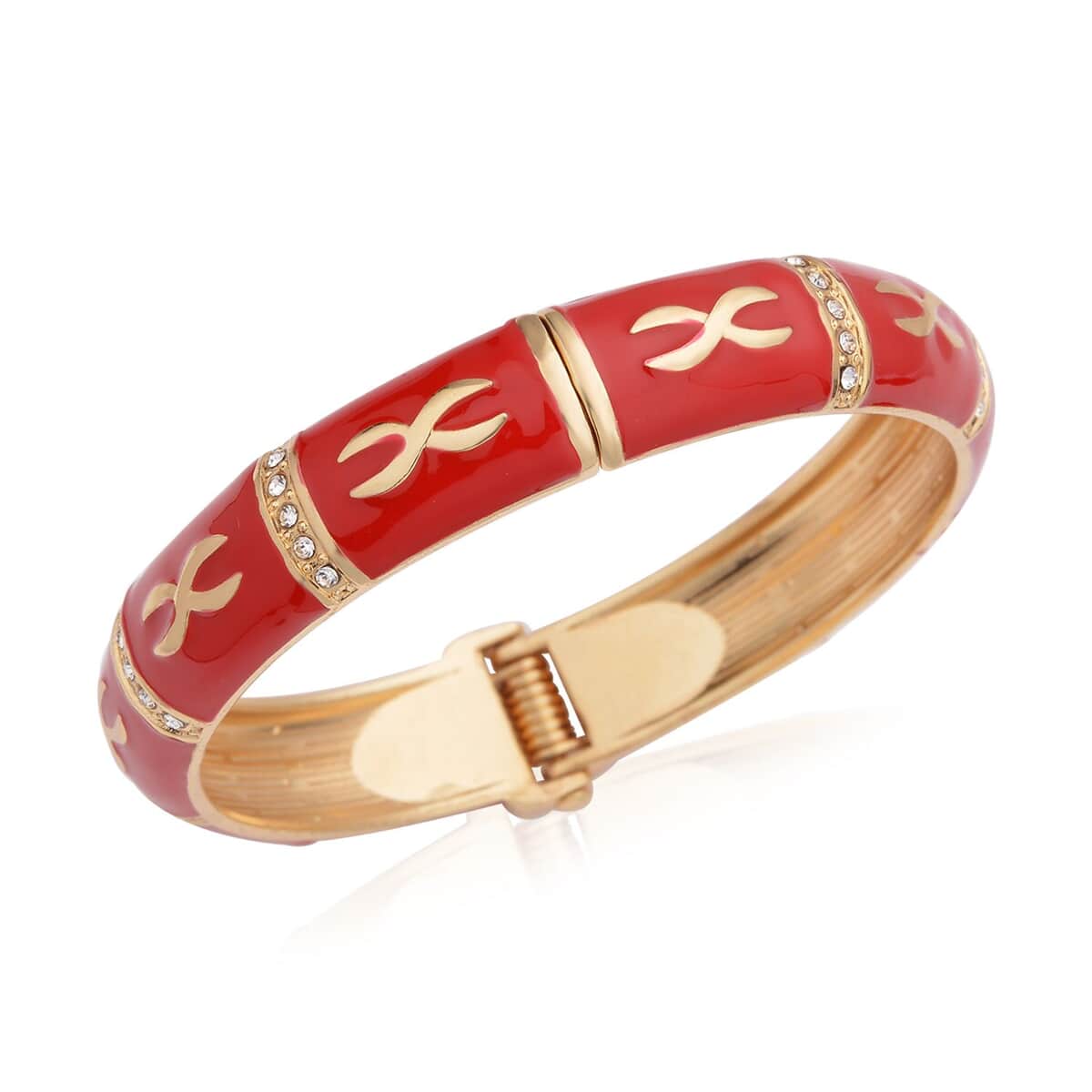 White Austrian Crystal and Red Enameled Bangle Bracelet (7.25 In) in Goldtone image number 0