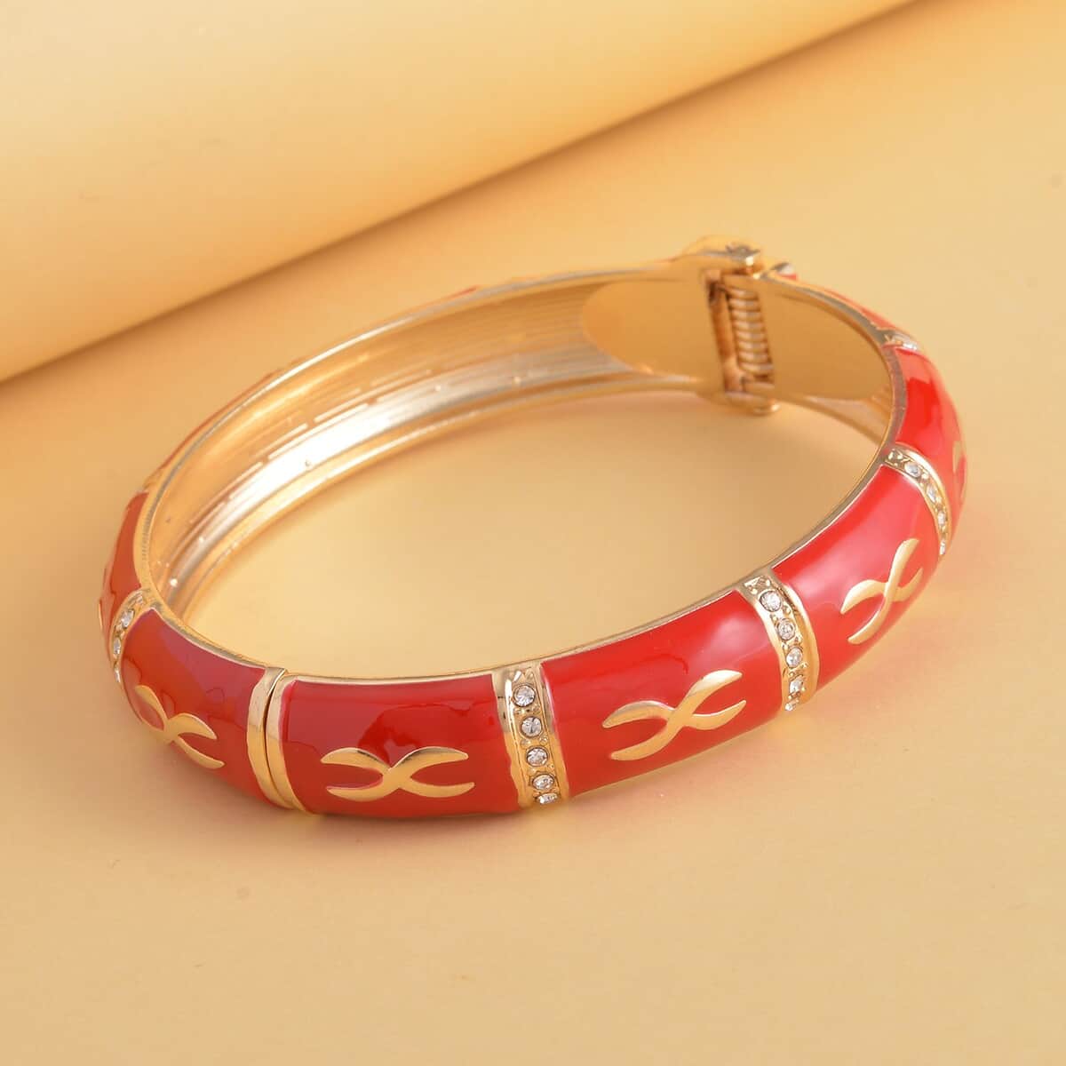 White Austrian Crystal and Red Enameled Bangle Bracelet (7.25 In) in Goldtone image number 1