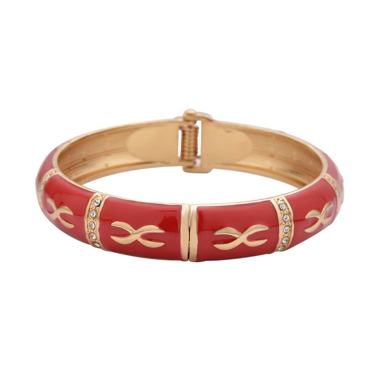 White Austrian Crystal and Red Enameled Bangle Bracelet (7.25 In) in Goldtone image number 2