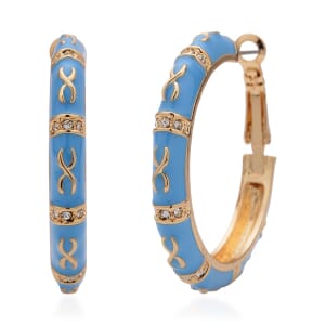 White Austrian Crystal and Turquoise Blue Color Enameled Hoop Earrings in Goldtone