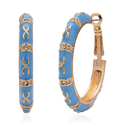 White Austrian Crystal and Turquoise Blue Color Enameled Hoop Earrings in Goldtone