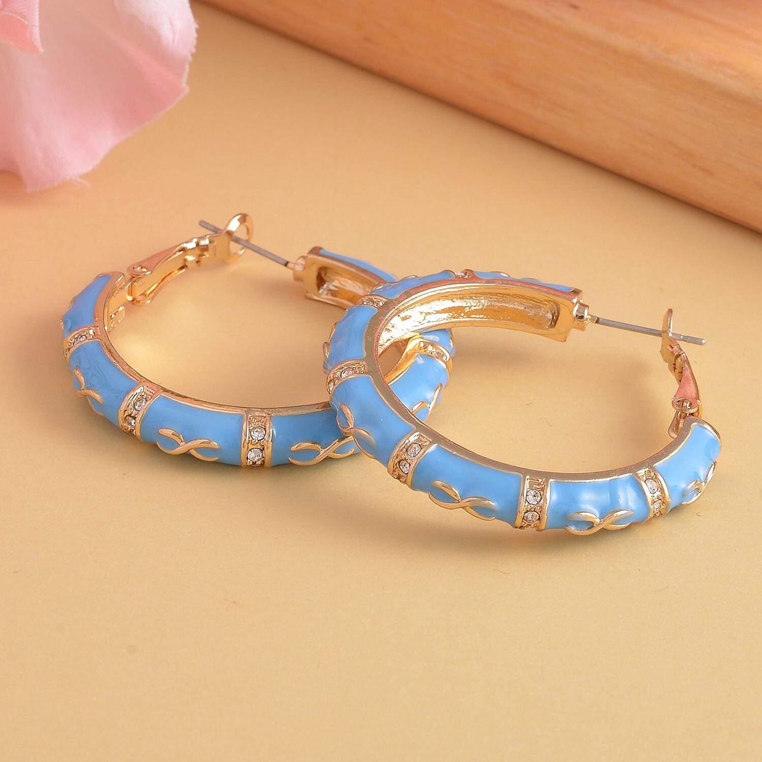 White Austrian Crystal and Turquoise Blue Color Enameled Hoop Earrings in Goldtone