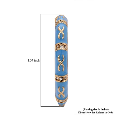 White Austrian Crystal and Turquoise Blue Color Enameled Hoop Earrings in Goldtone