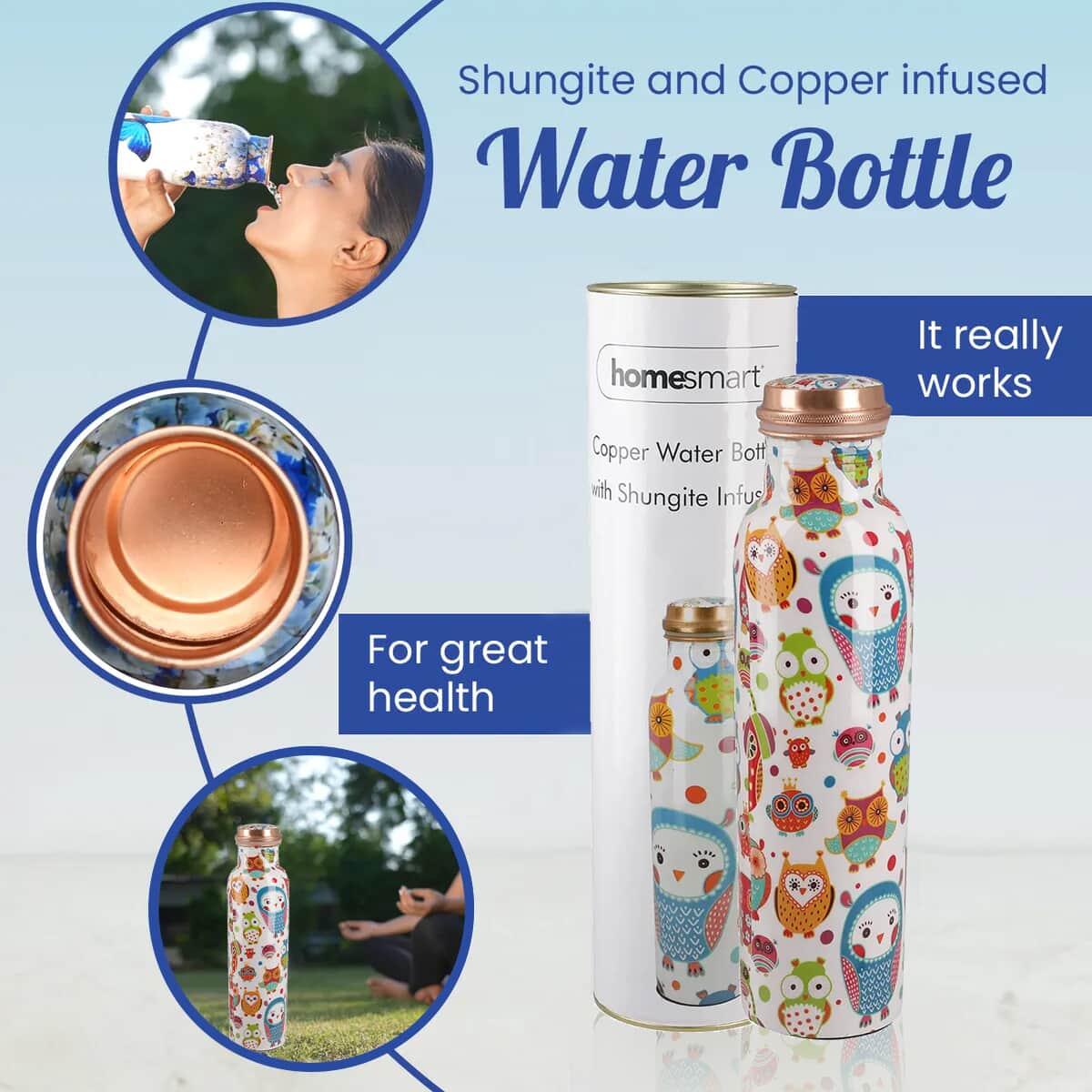 Printed Copper bottle with shungite infuser (280grm) with 950ml capacity, Shungite : 20gm image number 2